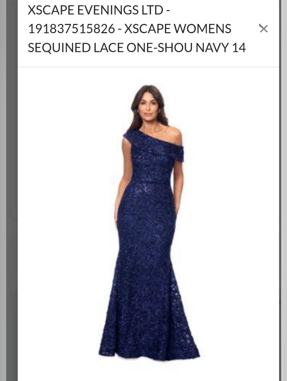 XSCAPE Women's Sequined Lace One-Shoulder Gown Size 14 Color Navy